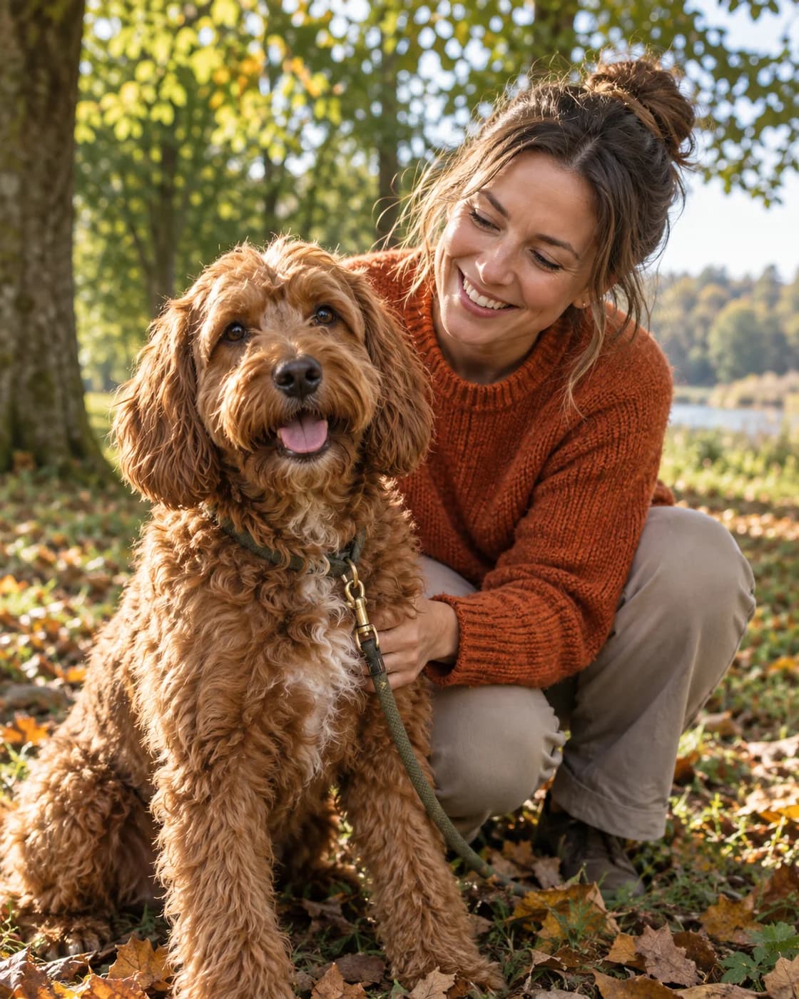 Ein freundlicher Hund mit einer lachenden Halterin im Park, KI-generiertes Illustrationsbild